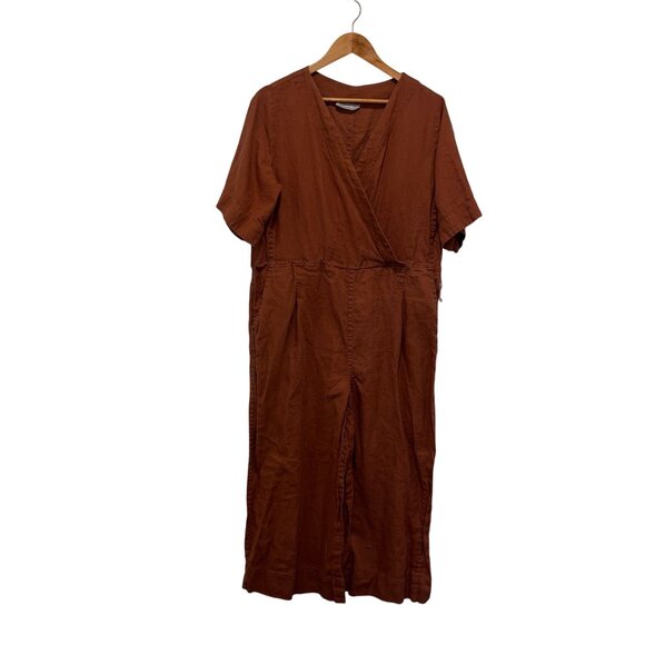 Everlane Rust Brown Linen Wrap Short Sleeves & Wide Legs Women's Jumpsuit Size 1 - Picture 1 of 10